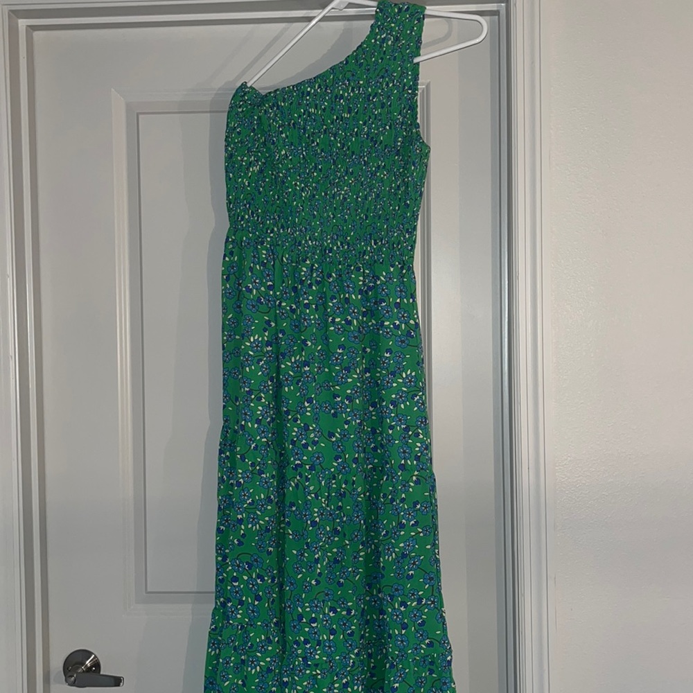 Green floral midi dress - one shoulder